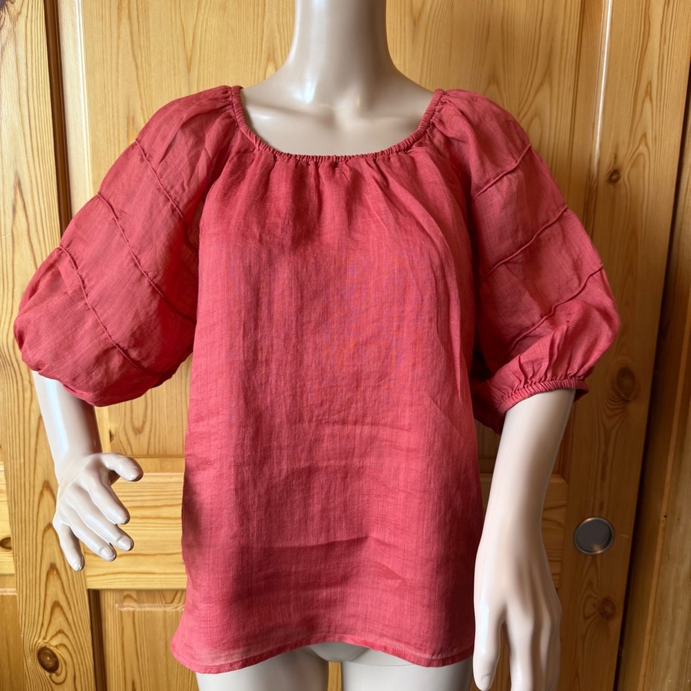 J Crew Puff Sleeve Top Blouse Ramie Fabric SP 2025 Size L Red Sand - Picture 2 of 16